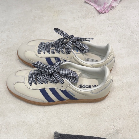 Adidas Cream and Blue Sambas with Checkered Laces from Anthropologie, Never Worn - Picture 3 of 4